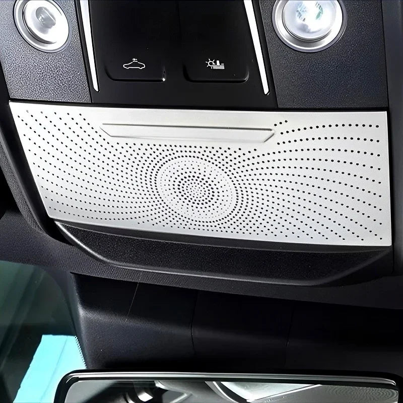 Silver perforated metal interior trim panel for BYD ceiling console.