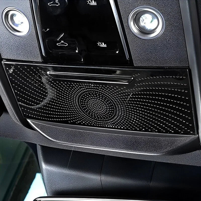 Black textured overhead console with integrated LED lights and glossy control panel.