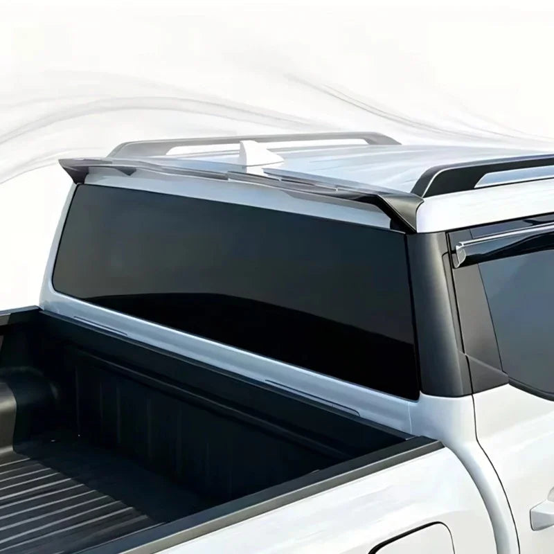 Black tinted rear window protector and sleek roof rails for white BYD pickup truck.