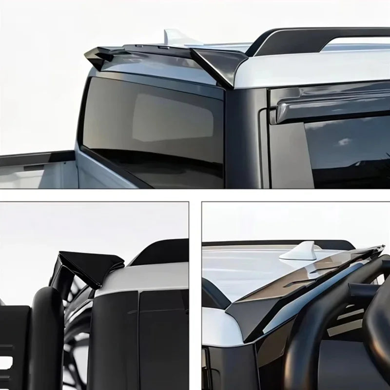 Black aerodynamic rear window spoiler and side window deflectors for BYD vehicles.
