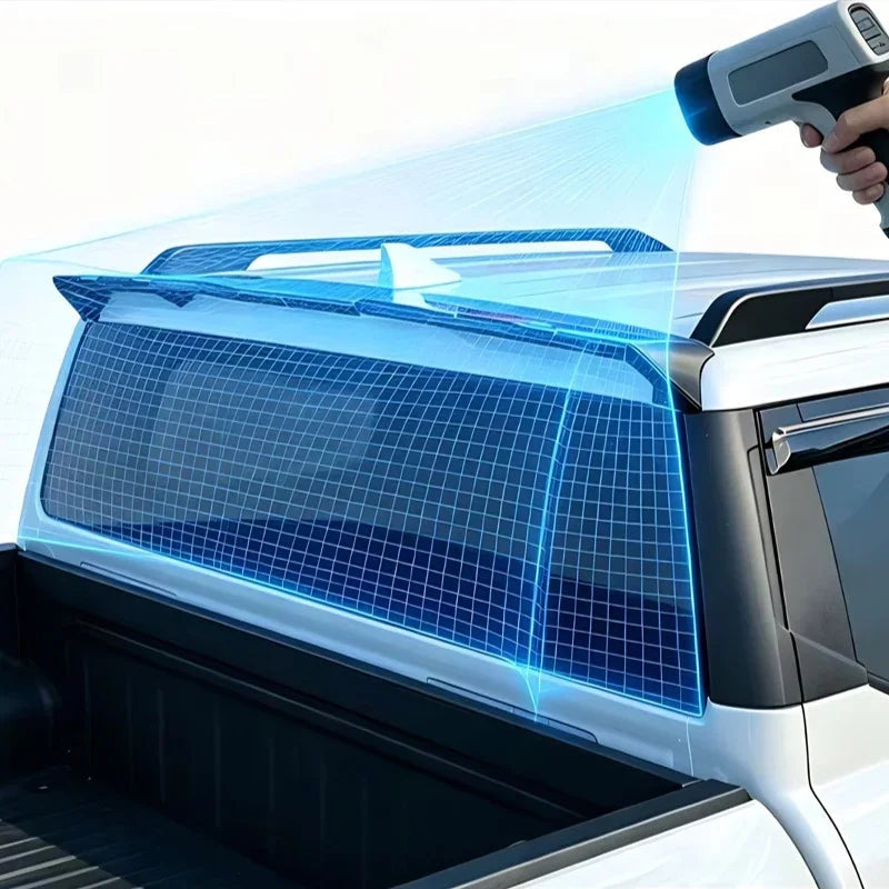 Blue digital heat map overlay showing thermal protection on a white pickup truck rear window.
