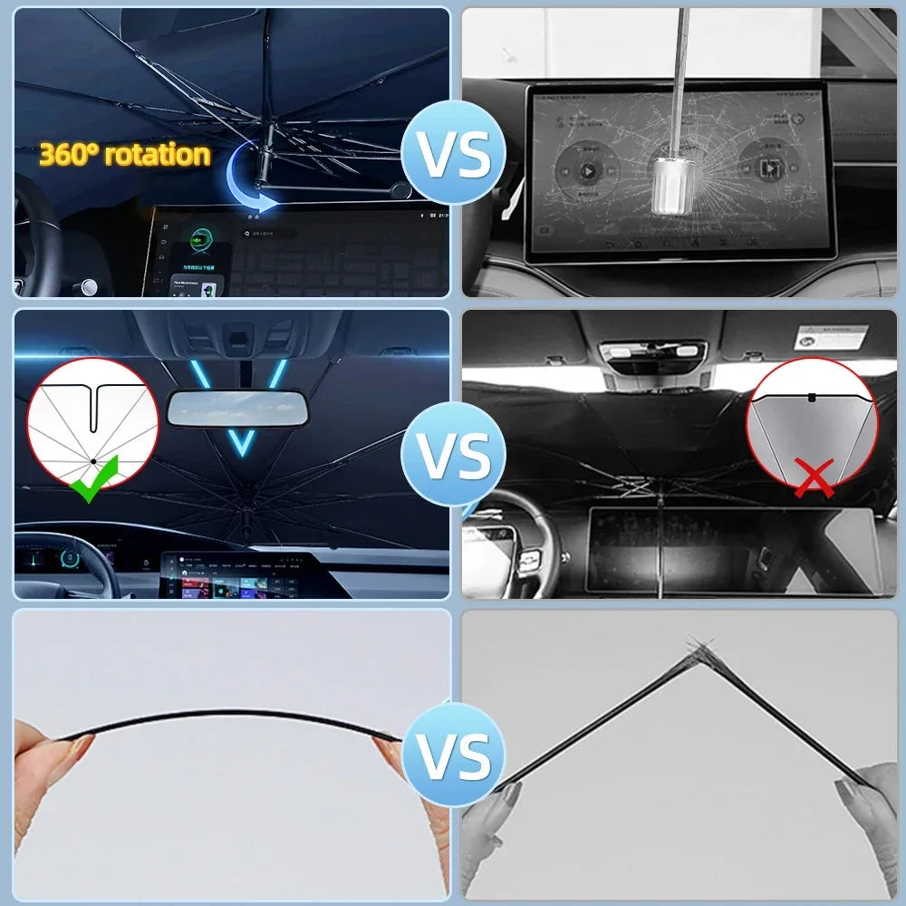 Comparison of flexible black reinforced ribs vs brittle ones in a car sunshade.