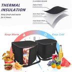 Black 3-layered thermal insulation food bag with Oxford fabric, pearl foam, and PEVA lining.