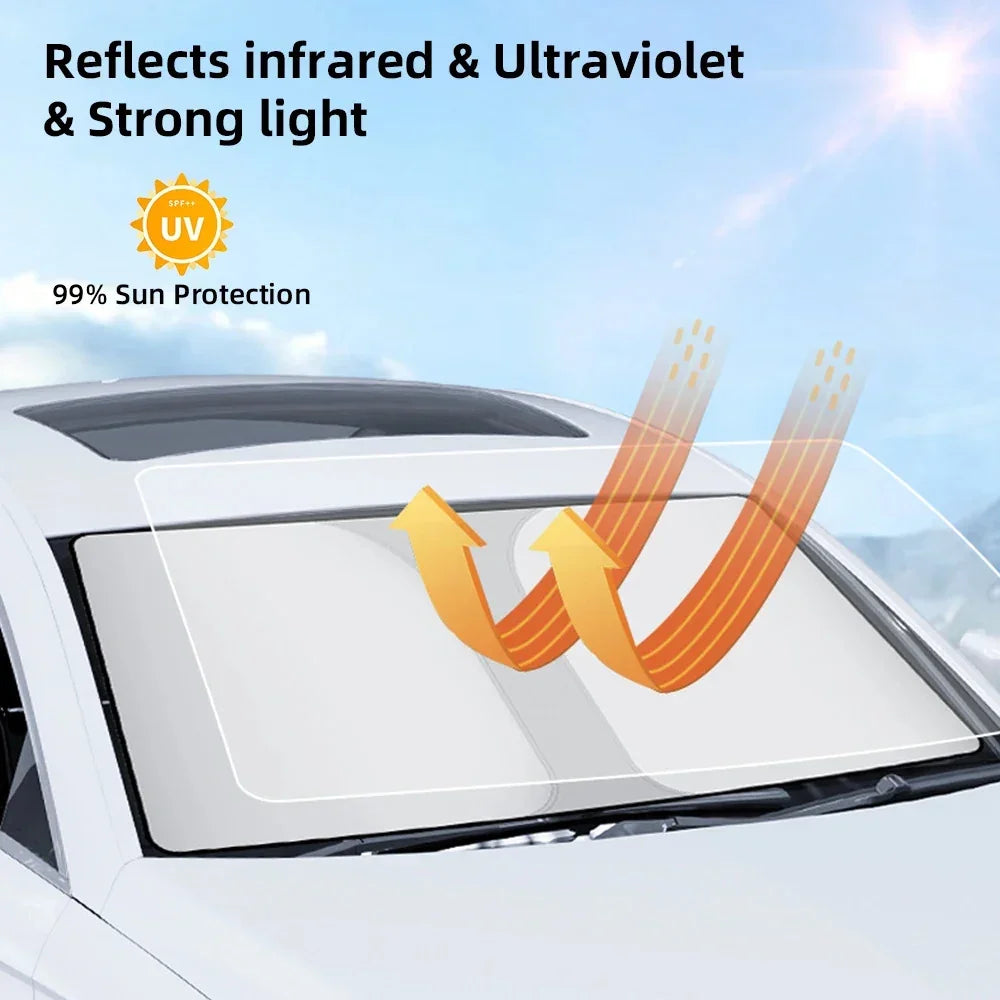 Silver reflective car windshield sunshade providing 99% UV protection and heat insulation.