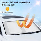 Silver reflective car windshield sunshade providing 99% UV protection and heat insulation.