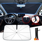 Black foldable car sunshade with 360° rotating mechanism and silver reflective surface.