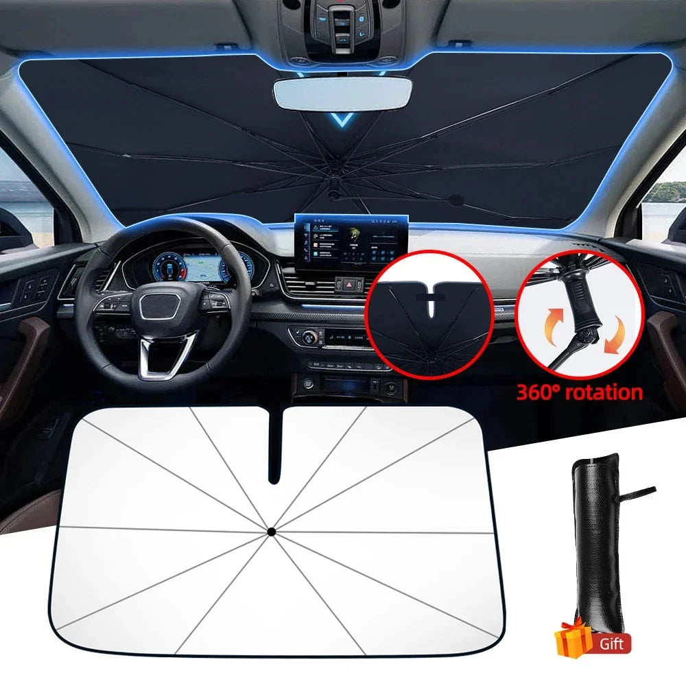 Black foldable car sunshade with 360° rotating mechanism and silver reflective surface.