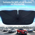 Black foldable UV-resistant car windshield sunshade umbrella for universal car protection.