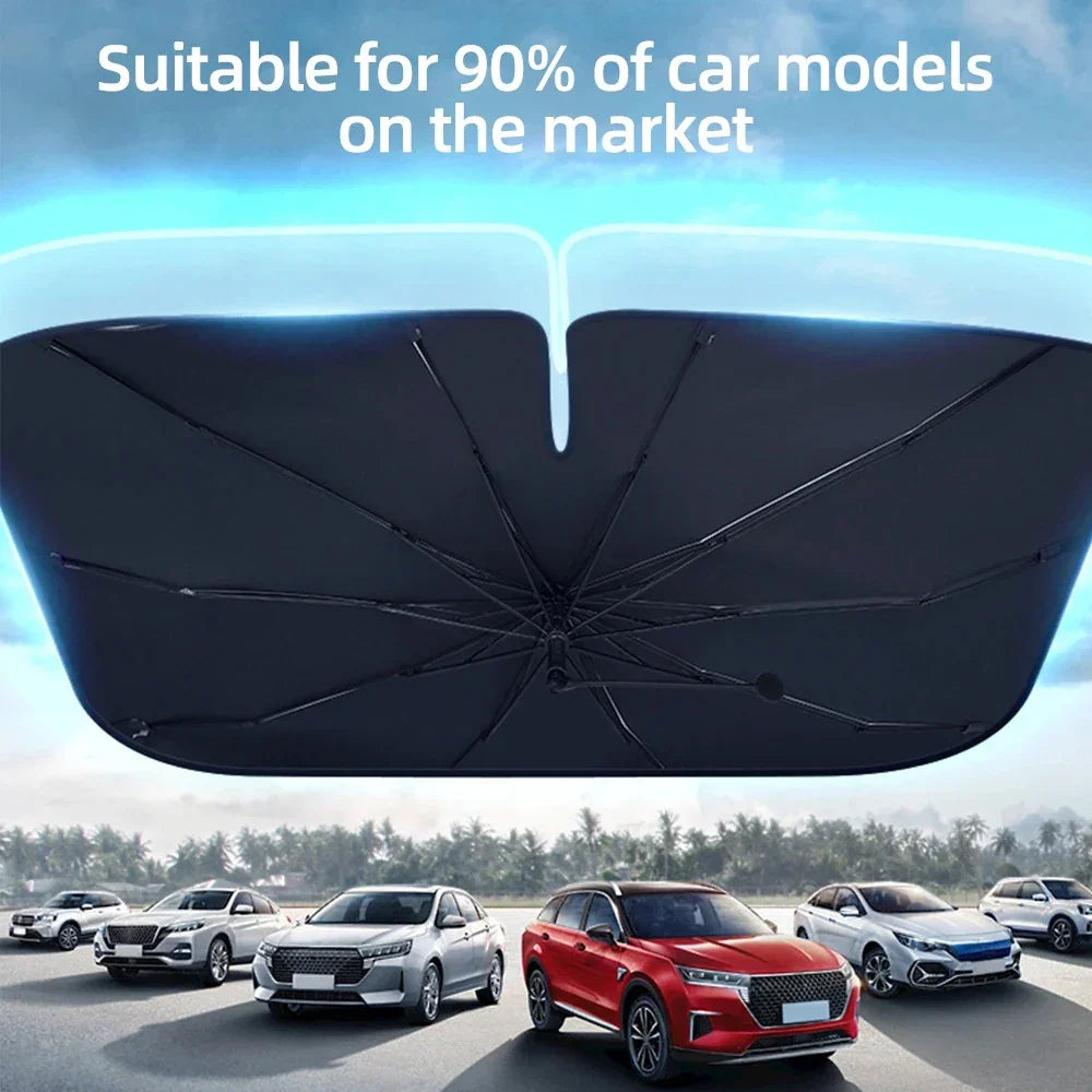 Black foldable UV-resistant car windshield sunshade umbrella for universal car protection.