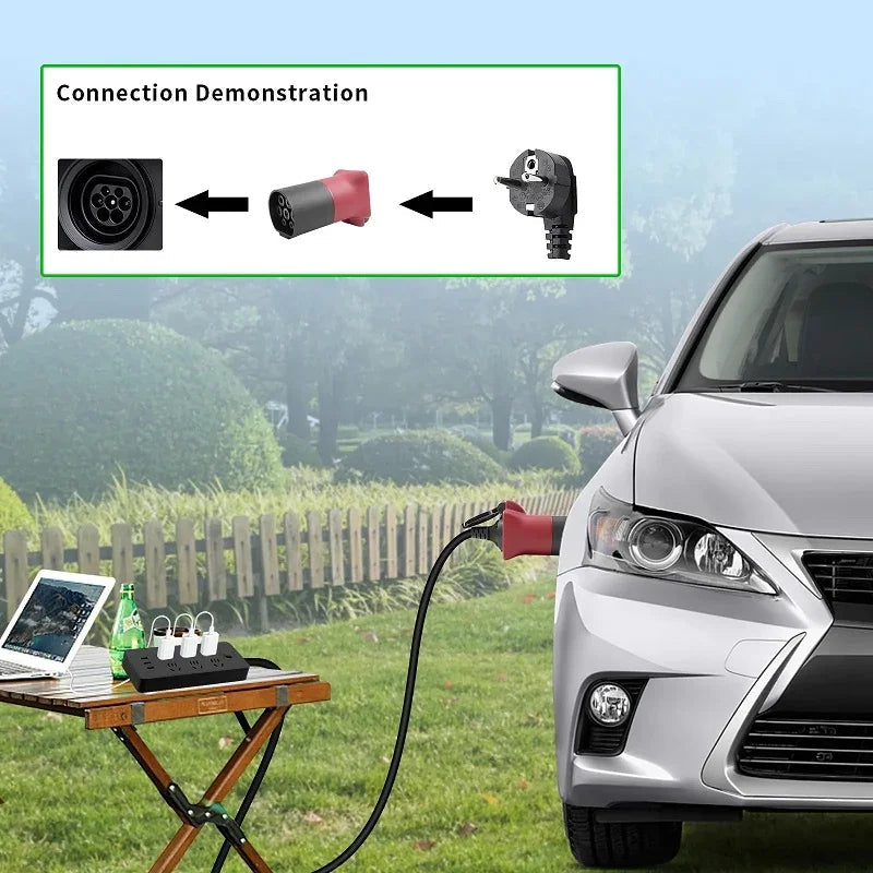 Red EV charging plug connecting to a silver electric vehicle in an outdoor setting.