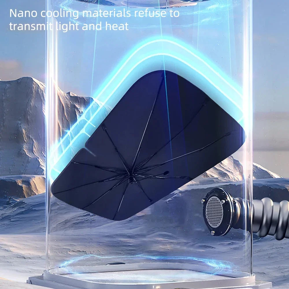 Black nano cooling material car sunshade inside a protective glass cylinder against an icy backdrop.