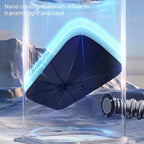 Black nano cooling material car sunshade inside a protective glass cylinder against an icy backdrop.