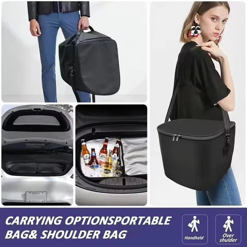 Black waterproof fabric insulated cooler bag with handheld and shoulder strap carrying options.