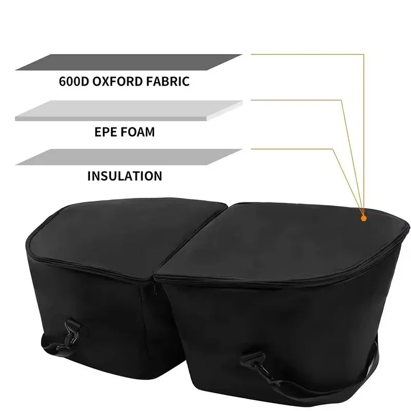 Black insulated storage bags made of durable 600D Oxford fabric with EPE foam padding.