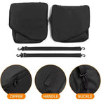 Black waterproof fabric car seat organizer bags with adjustable straps, zipper, and buckle.