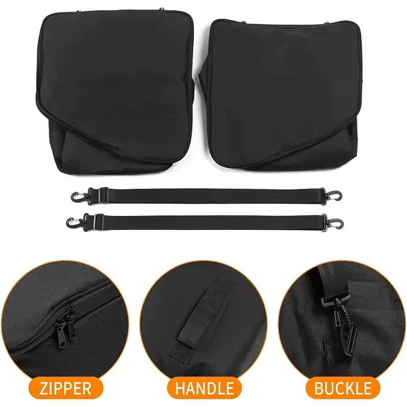 Black waterproof fabric car seat organizer bags with adjustable straps, zipper, and buckle.