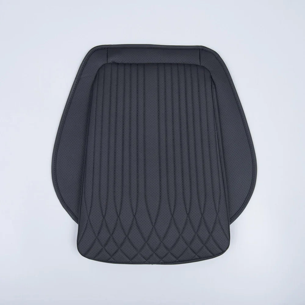 Black perforated leather car seat cover with vertical stitching and diamond quilted pattern.