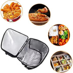 Insulated black thermal food delivery bag with silver foil lining for keeping meals warm.
