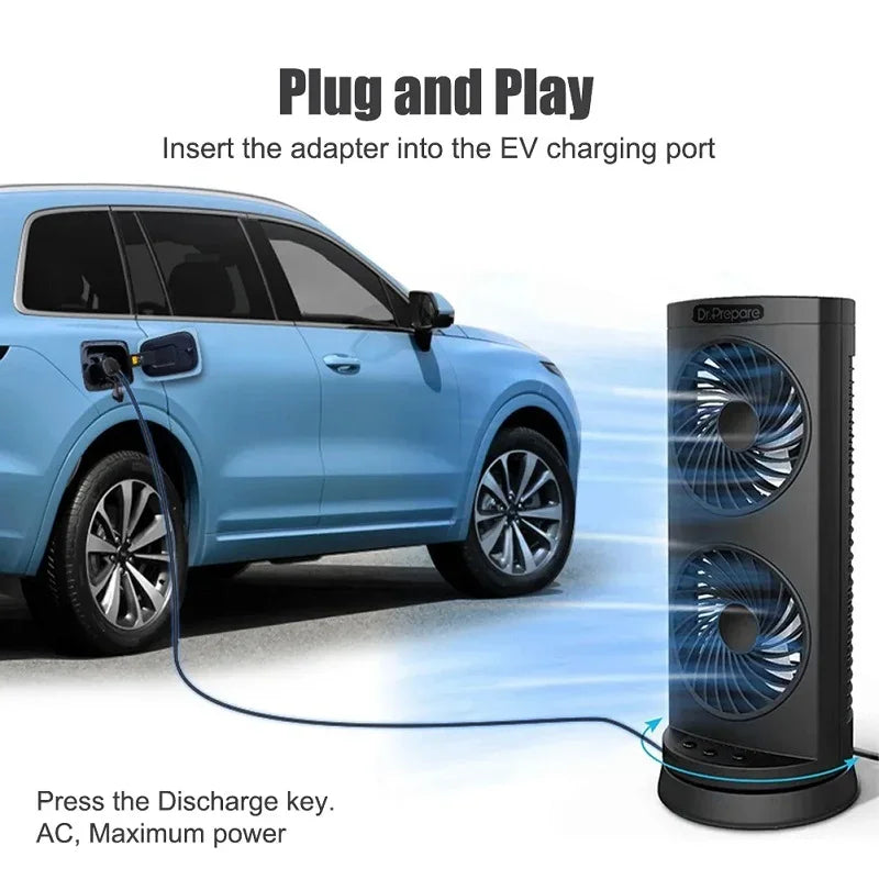 A black Dr. Prepare portable power station charging a blue electric vehicle via a black cable.