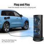 A black Dr. Prepare portable power station charging a blue electric vehicle via a black cable.