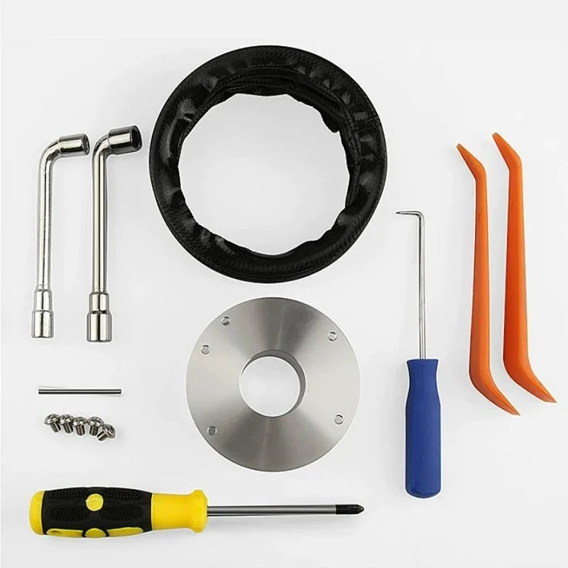 BYD car accessory kit with stainless steel pipes, metal plate, and orange plastic tools