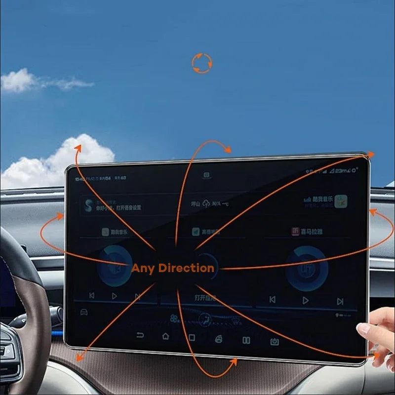 Rotating black tempered glass screen protector for BYD car infotainment system.