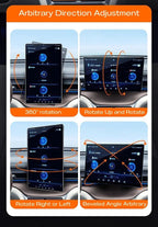 Black adjustable BYD car screen protector showing 360-degree rotation and beveled angle options.