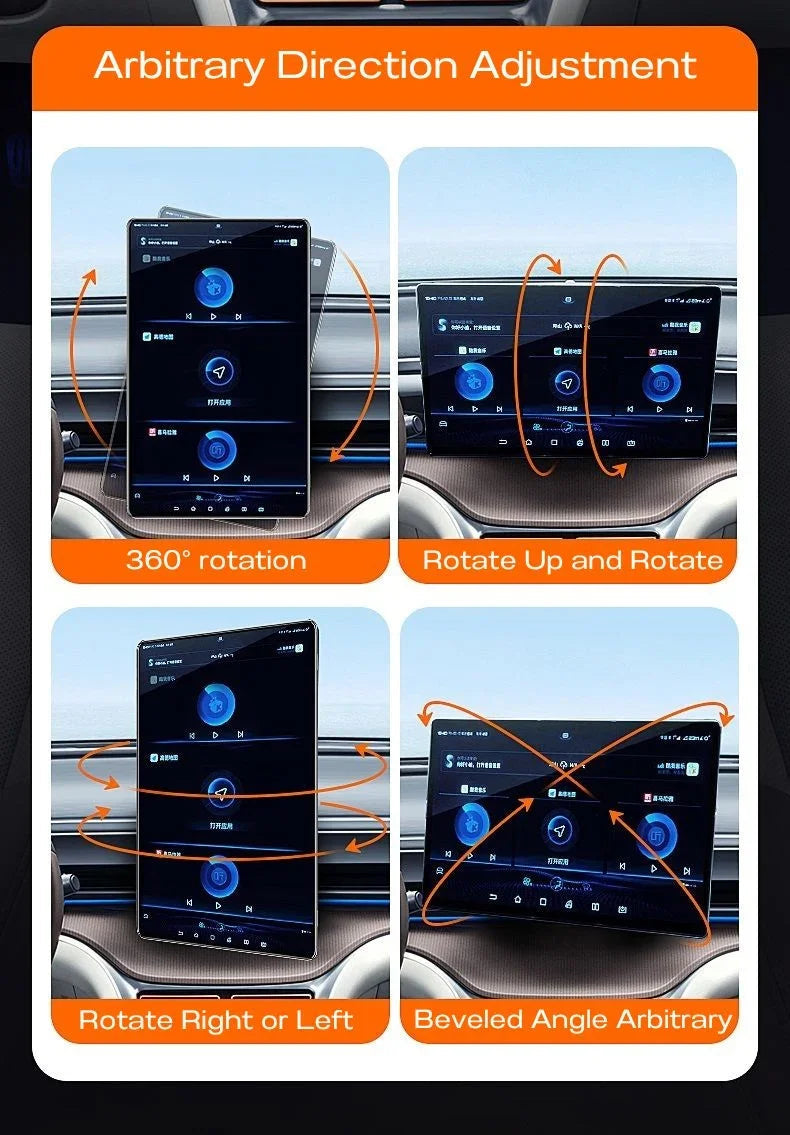 Black adjustable BYD car screen protector showing 360-degree rotation and beveled angle options.