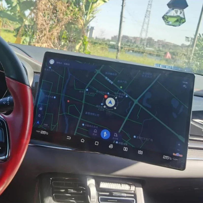 A high-definition digital navigation screen installed in a car dashboard, displaying a detailed map interface.