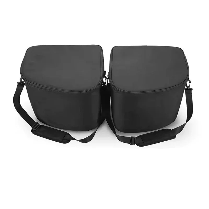 Pair of premium black synthetic leather trunk organizer bags with adjustable shoulder straps.
