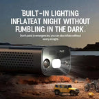 Portable black car air inflator with built-in LED lighting for nighttime emergency use.
