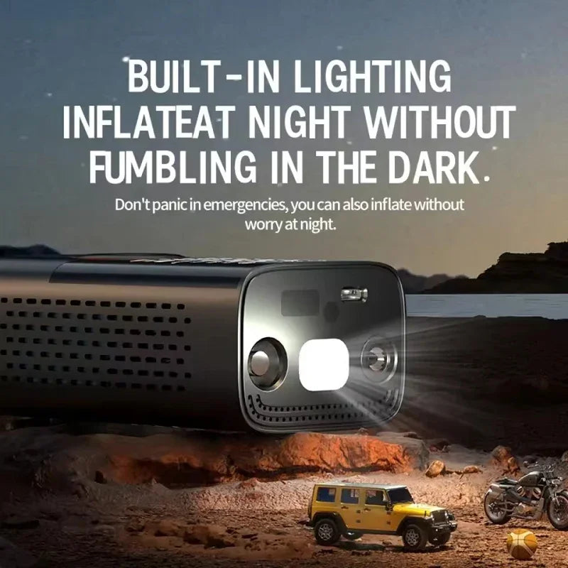 Portable black car air inflator with built-in LED lighting for nighttime emergency use.