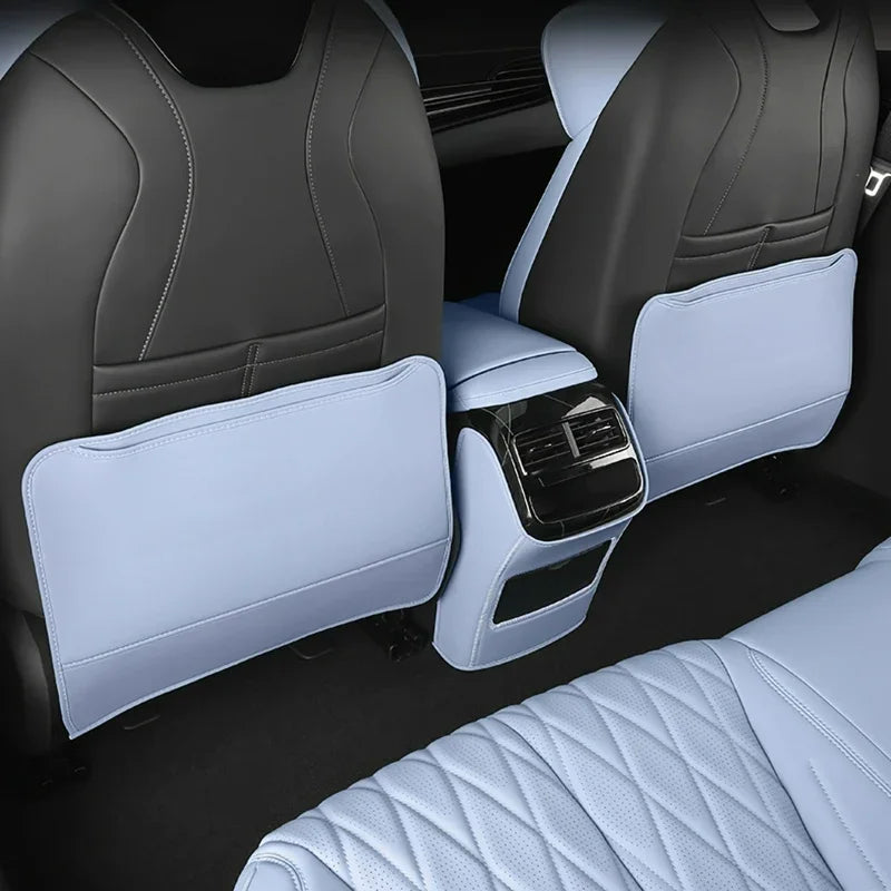 Light blue and black premium leather car seat covers with quilted detailing