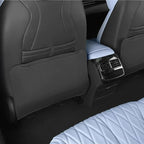 Premium grey and light blue leather car seat covers with quilted stitching and storage pocket.