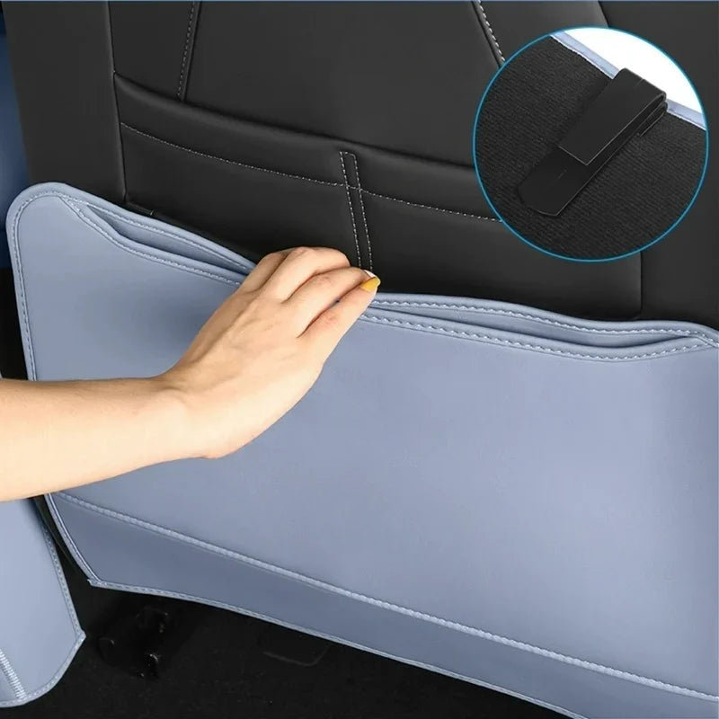 Grey leather car seat back kick mat protector with secure clip installation