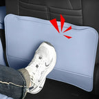 Light blue leather car seat back kick protector shielding against shoe scuffs