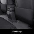 Slate grey premium leather car seat covers and protective floor mats for interior durability.