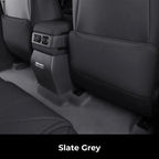 Slate grey premium leather car seat covers and protective floor mats for interior durability.