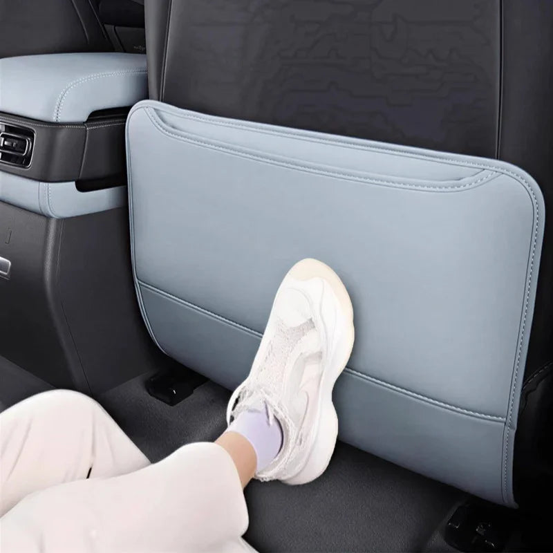 Light grey premium PU leather seat back protector for BYD car interior protection.