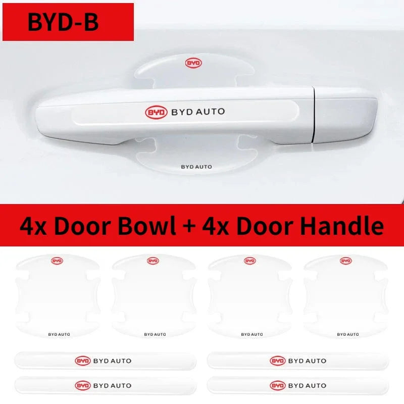 Set of BYD door bowl and door handle components on a white background with red accents.