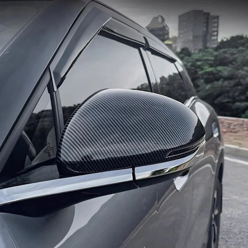 Carbon fiber texture side mirror cover in grey for BYD car with chrome trim