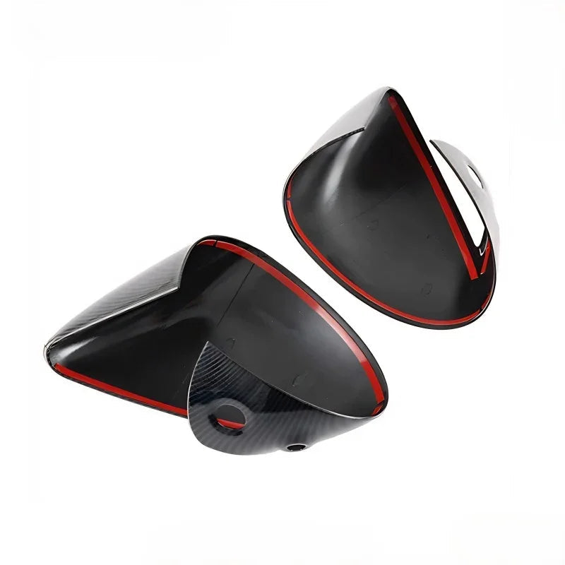 Pair of glossy black carbon fiber mirror covers with red accent trim for BYD cars