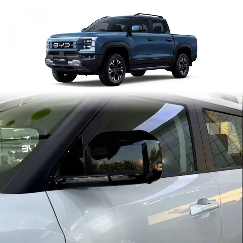 Glossy black side mirror cover for BYD Shark 6 pickup truck, featuring a sleek reflective finish.