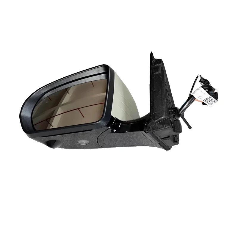 Black exterior side mirror assembly with integrated signal light and reflective glass.