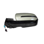 Glossy white and black exterior side mirror assembly with integrated turn signal indicator.