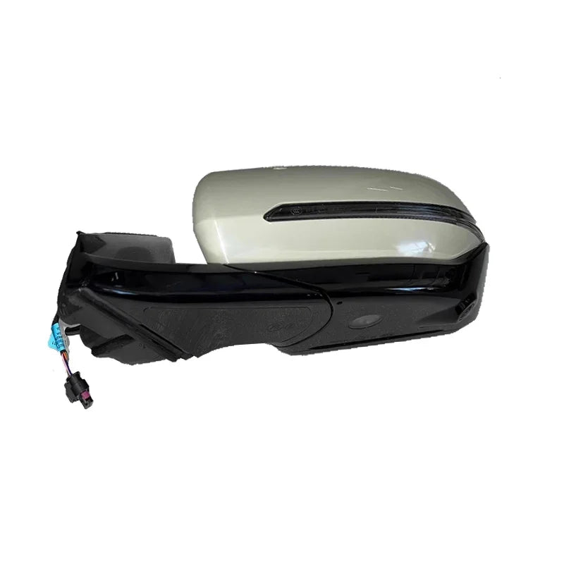 Glossy white and black exterior side mirror assembly with integrated turn signal indicator.