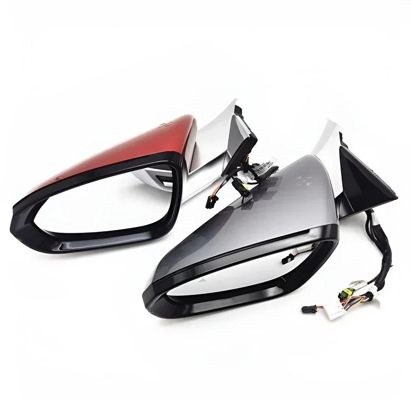 Pair of red and grey replacement side view mirrors with integrated wiring for BYD vehicles