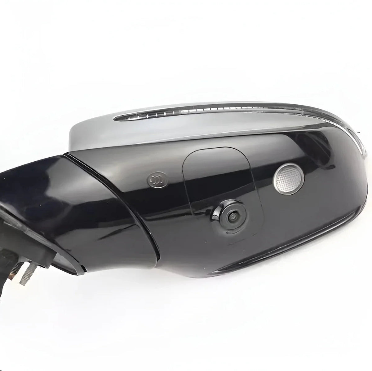 Glossy black side mirror cover with integrated indicator light and sensor