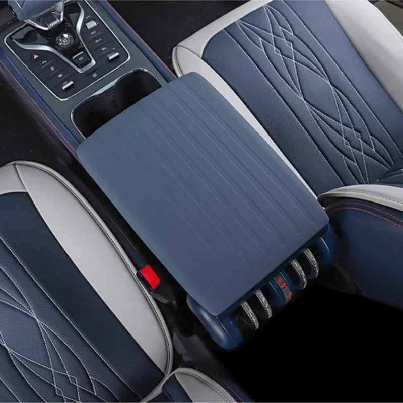 Blue synthetic leather center console armrest cover with ribbed texture for car interior