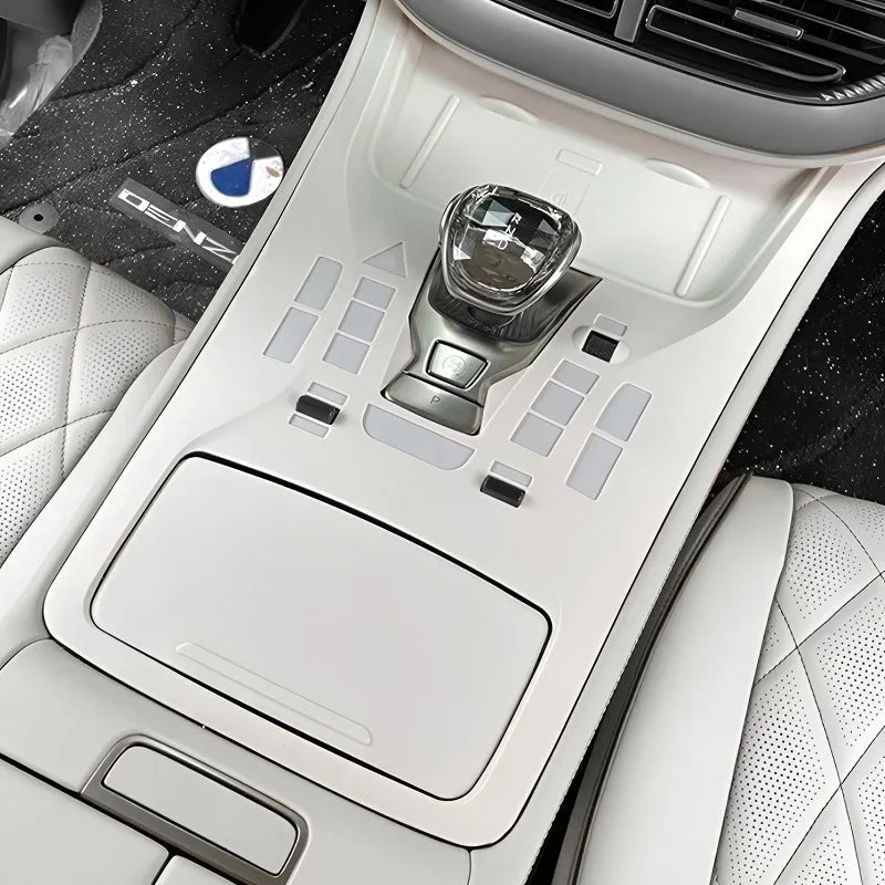 White premium leather center console trim with crystal gear shifter for luxury car interior